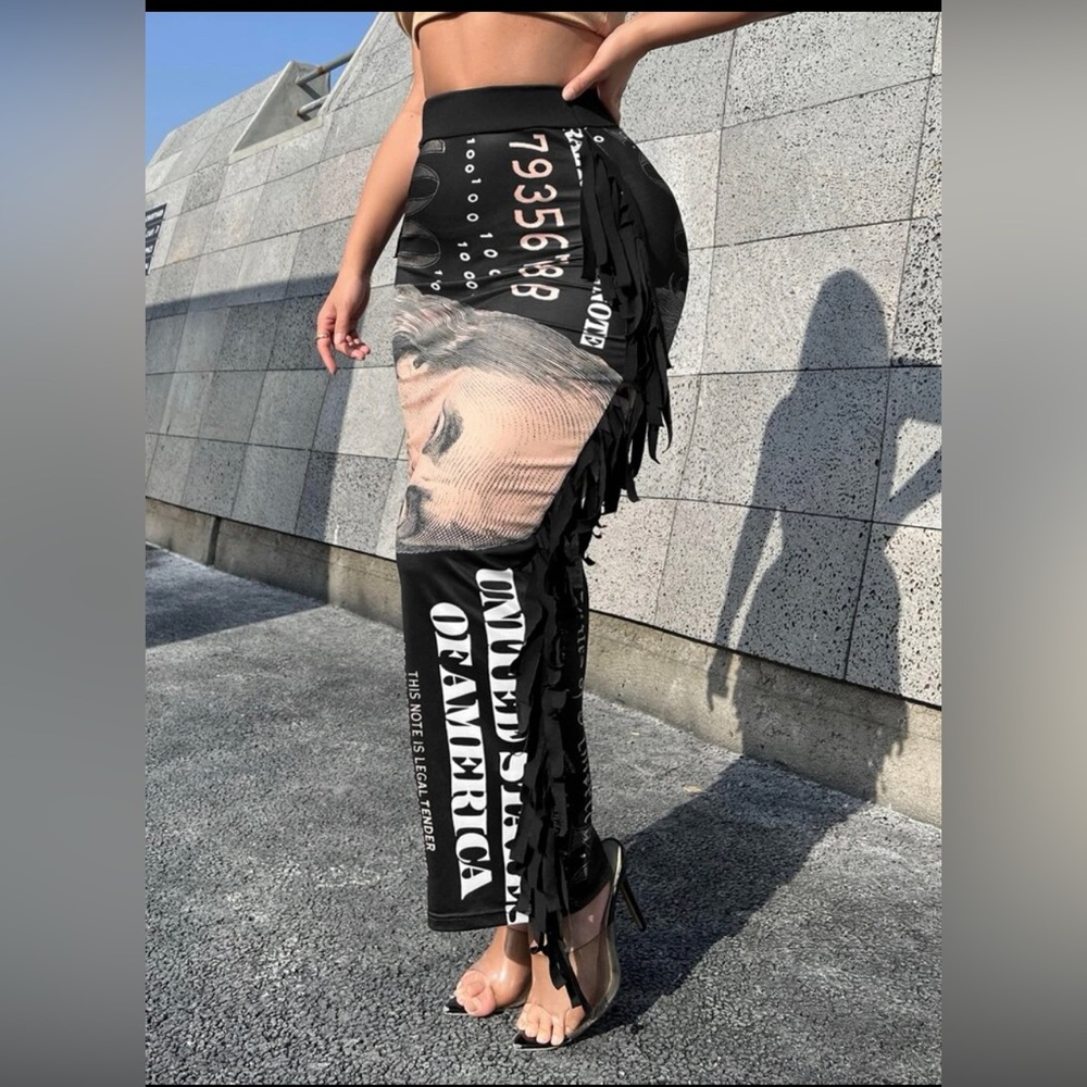 SHEIN SXY dollar print fringe trim maxi skirt